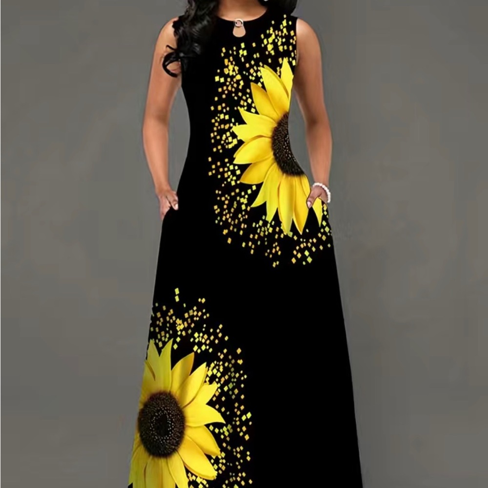 Sunflower dress design, keyhole neckline, sleeveless, crew neck & with pocket